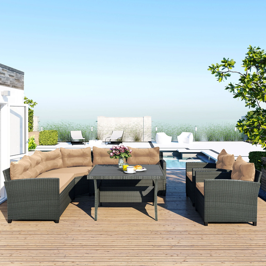 6-Piece Outdoor Wicker Sectional Sofa Set, Patio Rattan Dinning with Thick Cushions and Pillows & Plywood Table Top, for Garden