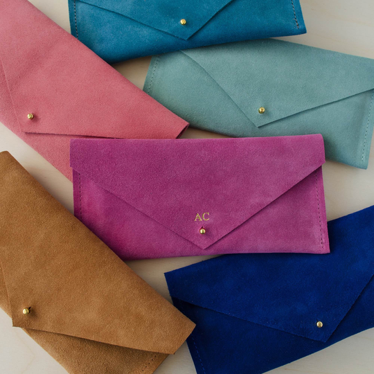 Personalised Suede Clutch Bag in Pink, Blue, Mint Green & Tan Brown - Monogram Pink Pencil Case Or Make Up Leather