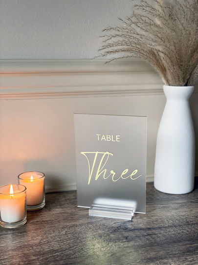 Frosted Acrylic Table Numbers With Stand | Gold