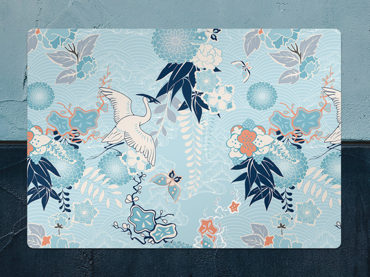 Crane & Flowers Chair Mat, Blue Splat White Vinyl Floor Japanese Protective Flooring, Comfort Mat
