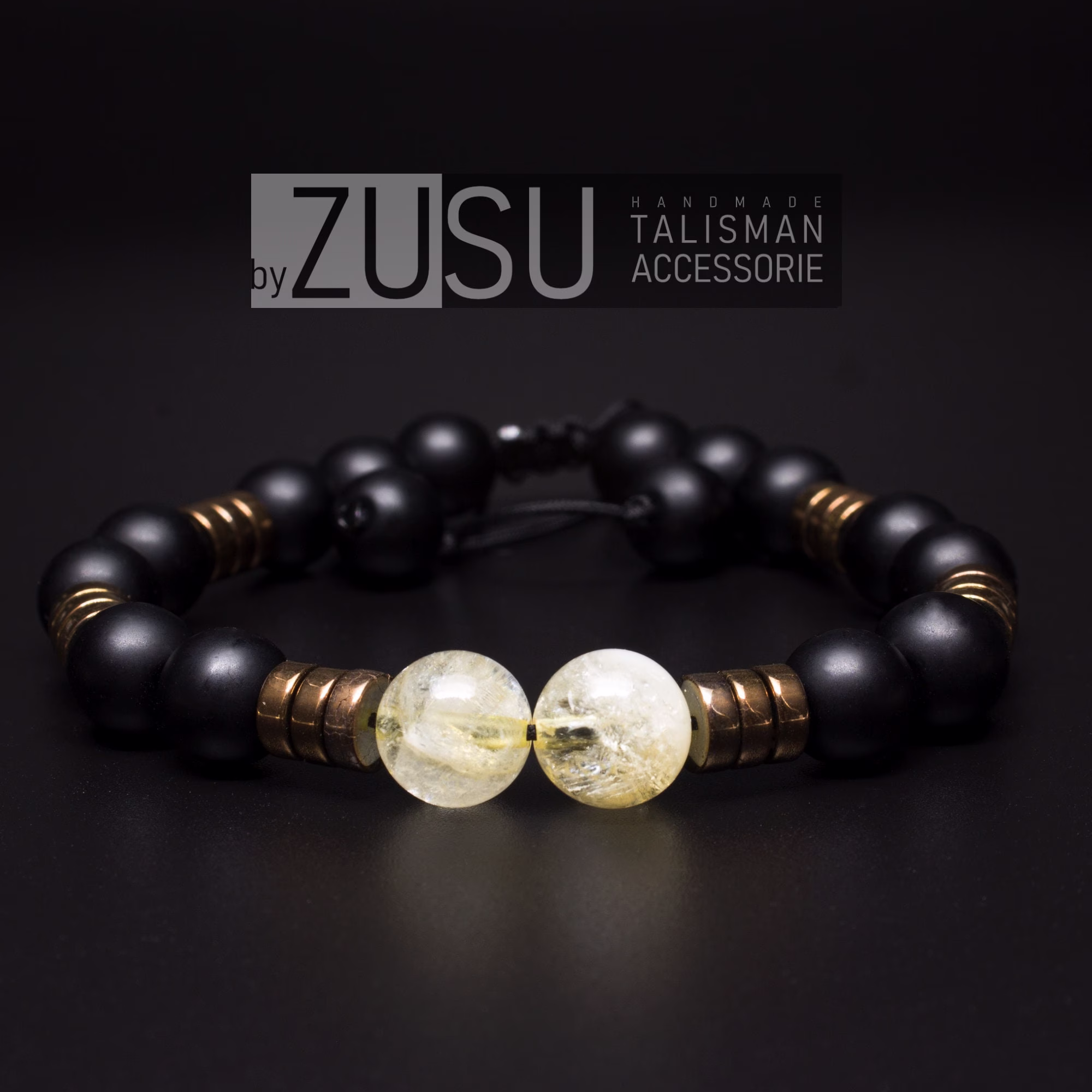 Citrine & Black Onyx Beaded Bracelet For Men, Adjustable With 8mm Stone Bead