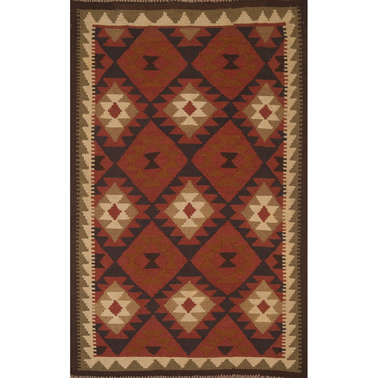 Multi-Color Reversible Kilim Area Rug Flat-weave Geometric Wool Carpet - 3'2" x 6'2"