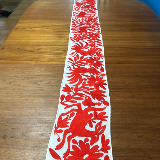 Otomi Hand Embroidered Table Runner/Bed Scarf - Crimson Red | 74" X 8"