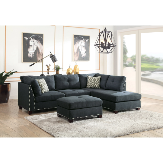 Sectional Sofa & Ottoman(2 Pillows)in Red/Dark Blue Linen