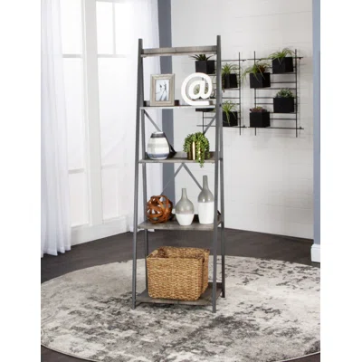 Red Barrel Studio® Star Freestanding Ladder Shelf | 4 Shelves | Kitchen, Dining, Home Office Storage Display | Tall Bookshelf | Gray Metal And Wood