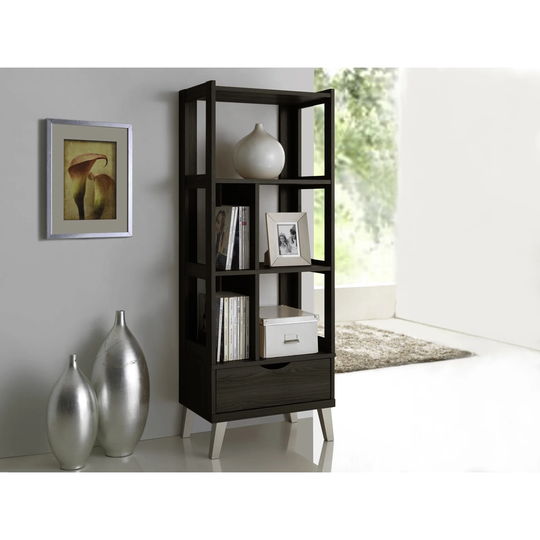 Baxton Studio Kalien Contemporary Dark Brown Wood Leaning Bookcase with Display Shelves and One Drawer