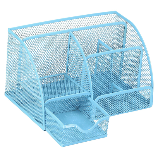 Pen Holder, Metal 6-Slot and 1 Drawer Oval Pencil Desktop Organizer, Blue