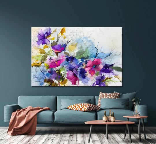 Abstract Colorful Oil Painting, Spring Flower, Acrylic Paint, Brush Stroke, Blue-Pink Color, Modern Art, Pastel Colors, Canvas Painting, Wall Print