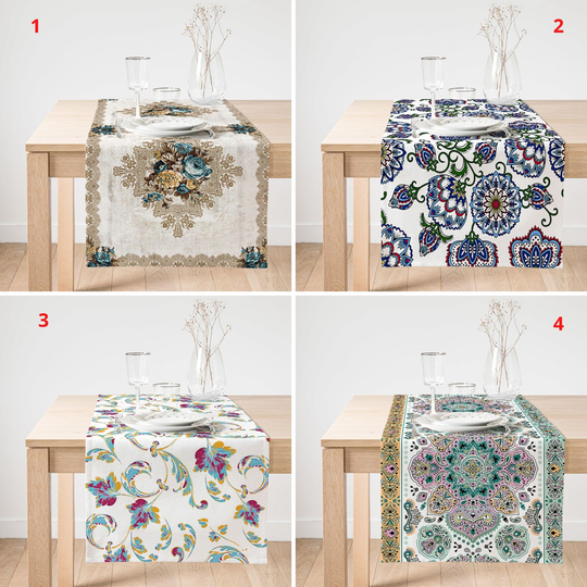 Ethnic Themed Table Runner, Tile Toppers, Rectangle Cover, Traditional Tablecloth, Authentic Kitchen Vintage Decor