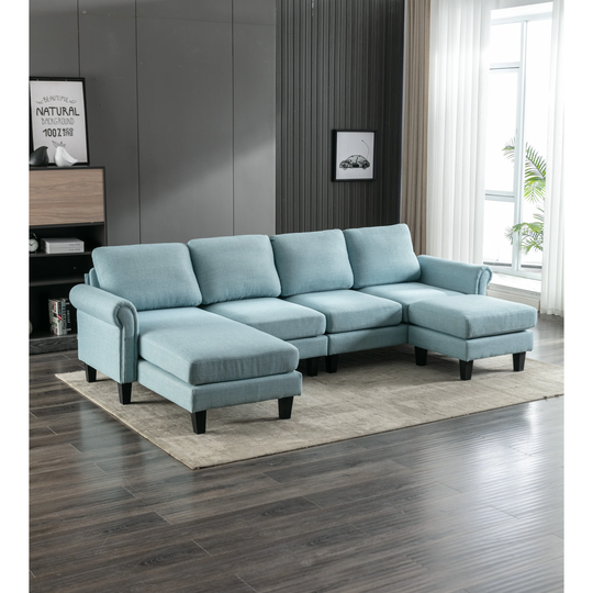 U-shaped Sectional Sofa Polyester Chaise Accent Sofa, Living Room Sofa with Ottoman