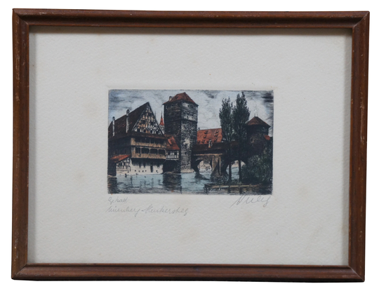 Vintage Pencil Signed Colored Etching European Cityscape Canal Realism