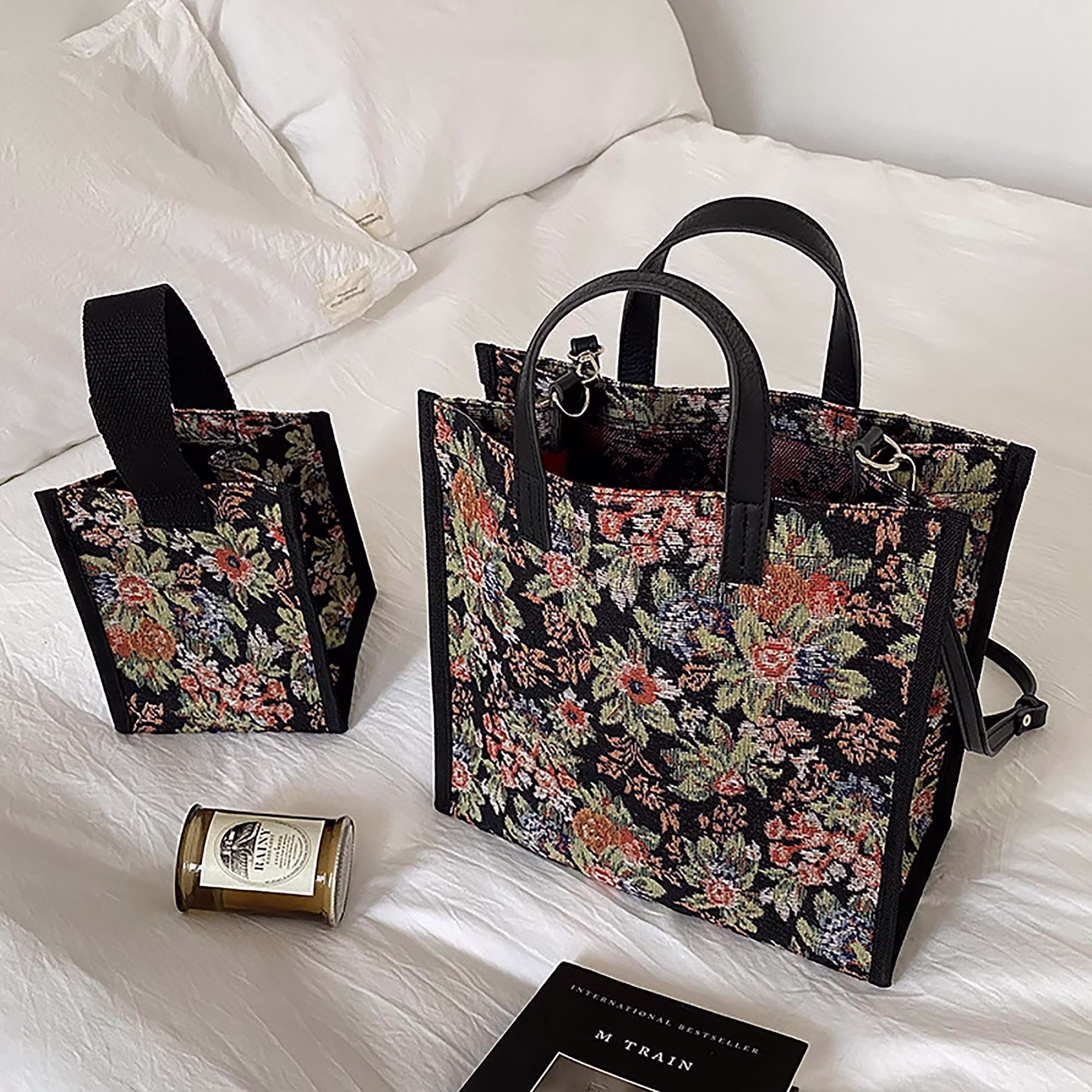Embroidery Flower Canvas Tote Bag, Floral Vintage Aesthetic Botanical Print Bag, Art Bag, Crossbody Bag