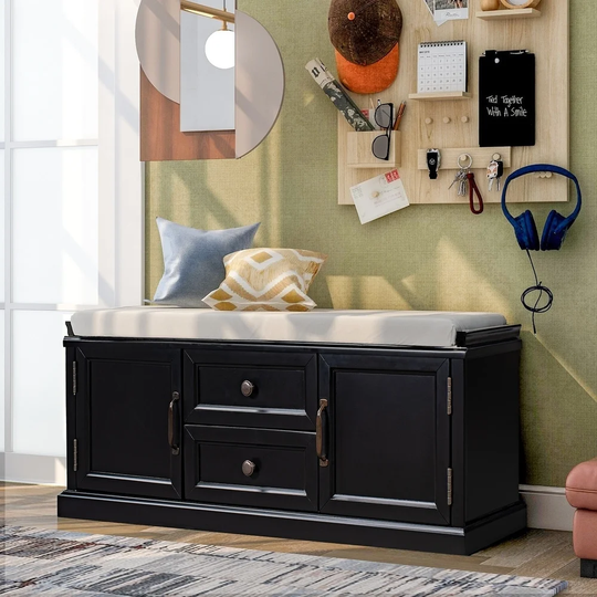 Drawer Storage Bench with Removable Cushion for Living Room