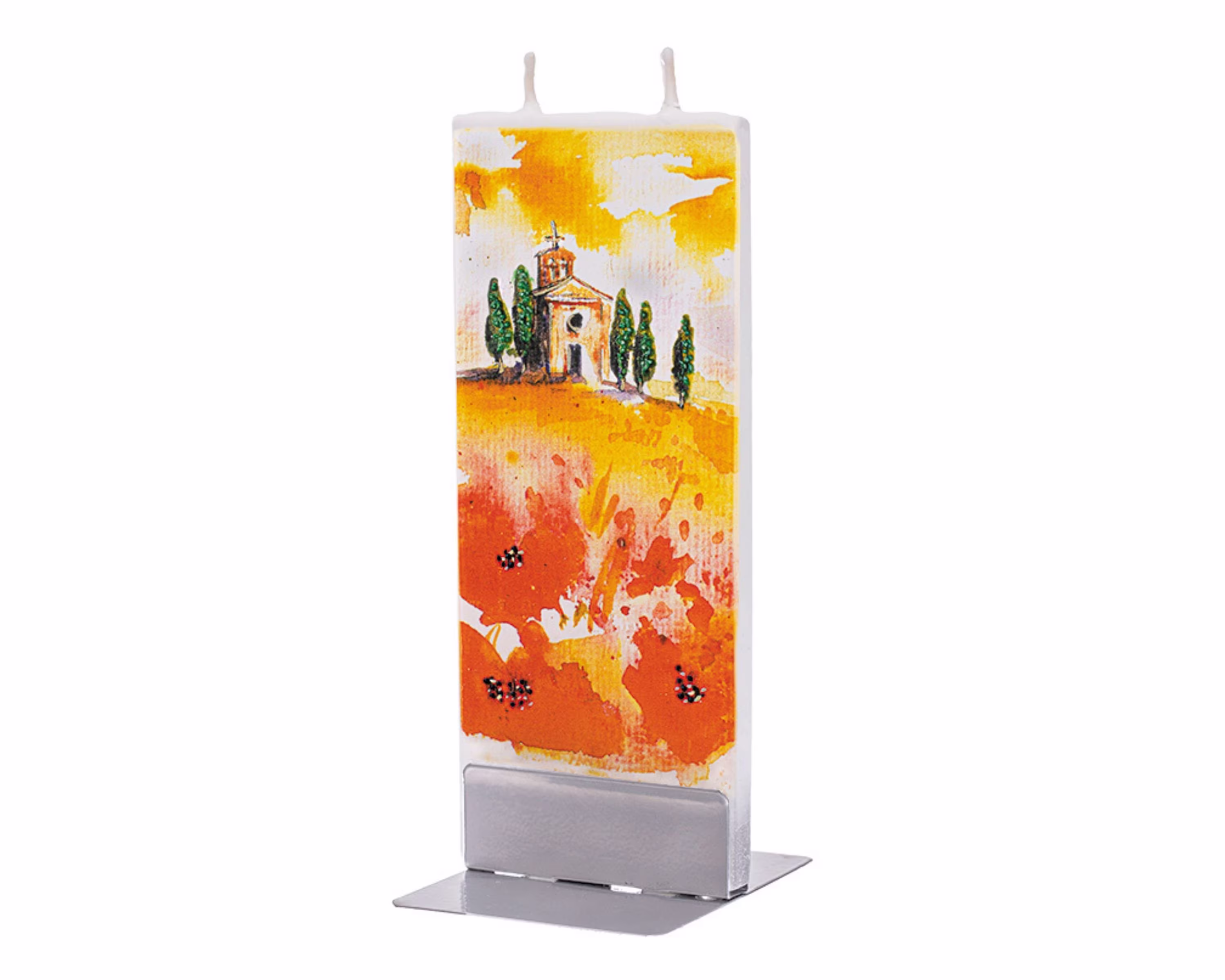 Hand Painted Flat Candle | Church in Poppy Field Small Unique Gift Colorful Christian Shelf Décor