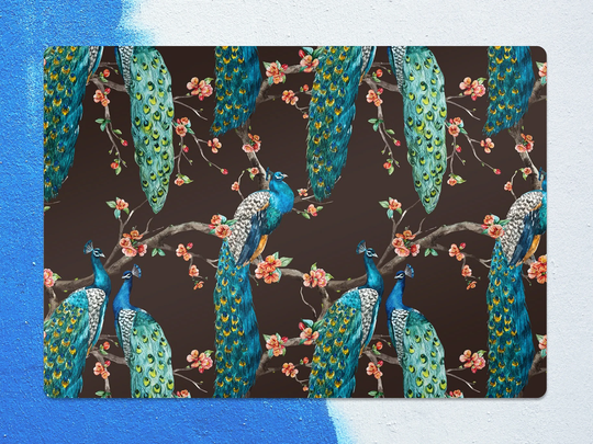 Peacock Chair Mat, Brown Splat Blue Vinyl Floor Birds Protective Office Decor, Room Rug, Comfort Game Rug