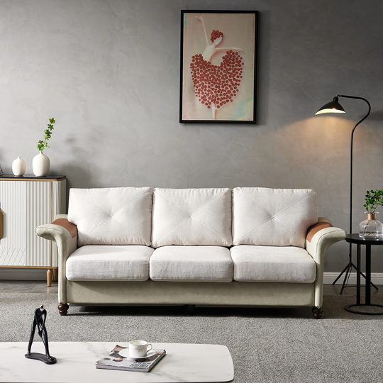 Living Room Furniture sofa, Linen Fabric Faux Leather sofa with Wood Leg, 3 Seating Capacity sofa For Living Room