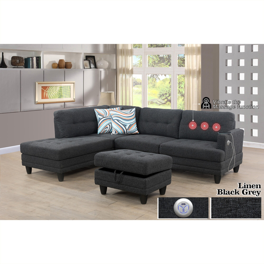 3-Pieces Massage Sectional Sofa Set,Grey Linen(80810A)