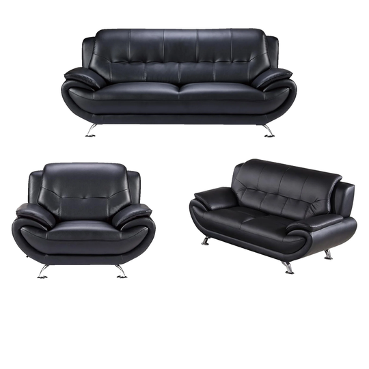 Leatherette Upholstered Wooden Sofa Set with Stainless Steel Slender Legs, Black, Set of Three