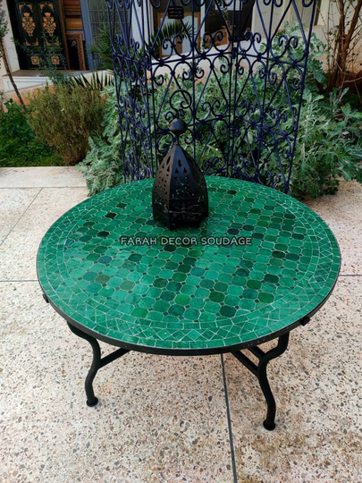 Mosaic Table Made Of Natural Emerald Green Tiles For Outdoor Indoor Mediterranean Living, Mid Century Coffee Table