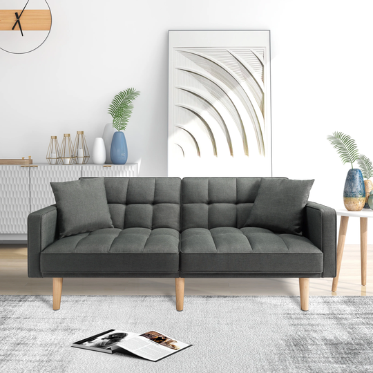 71.3" Futon Sofa Bed Polyester Upholstered Adjustable Backrest Convertible Sleeper Sofa with 2 Pillows and Solid Wood Legs