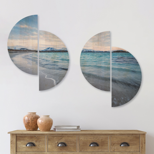 Designart 'Waves Splashing the Calm Seashore' Modern Seascape Wood Wall Art Set of 4 Half Circles - Multi-Color