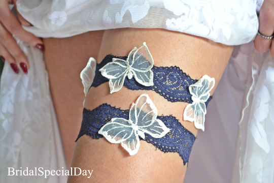 Navy Blue Garter Set Lace Wedding Brides Bridal Set, Handmade Garter, Alternative Butterflies Garters For Prom