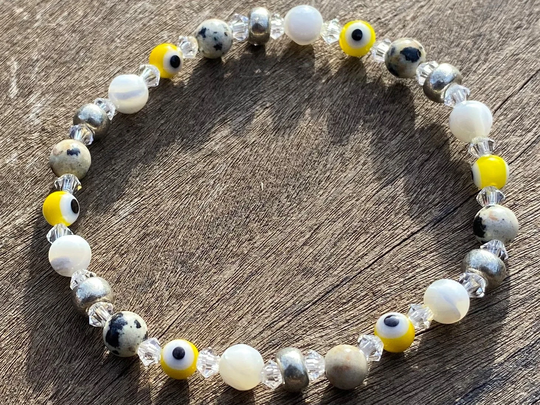 Girl's Mother Of Pearl, Dalmation Jasper & Yellow Evil Eye Healing Stone Bracelet Or Anklet