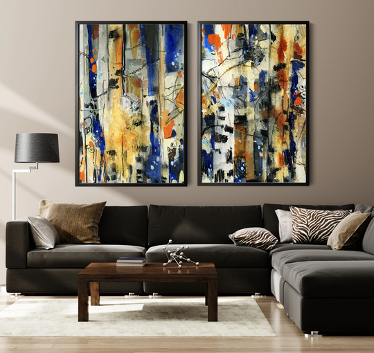 Bright Colors Abstract Forest Mixed Media Painting 2 Canvas Art Prints, Nature Wall Decor, Modern Living Room Art, Large Sizes