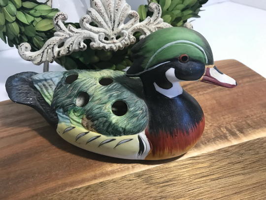 Vintage Hand Painted Ceramic Duck Decoy Pencil Holder, Desk Accessory, Pen Holder