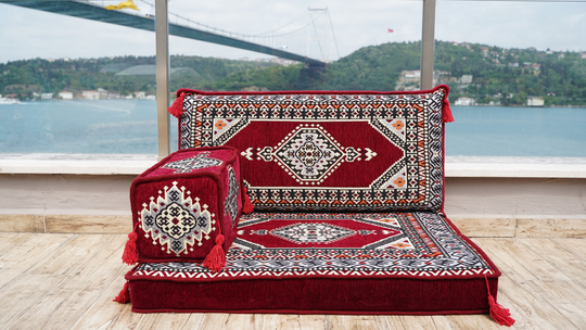 Maroon Pallet Sofa, Floor Cushions, Loveseats, Sectional Arabic Sofa Seating Set, Moroccan Sofas, Kilim Rug Design