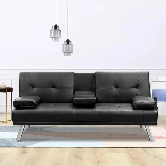 Futon Sofa Bed, Modern Faux Leather Convertible Folding Lounge Sofa with 2 Cup Holders