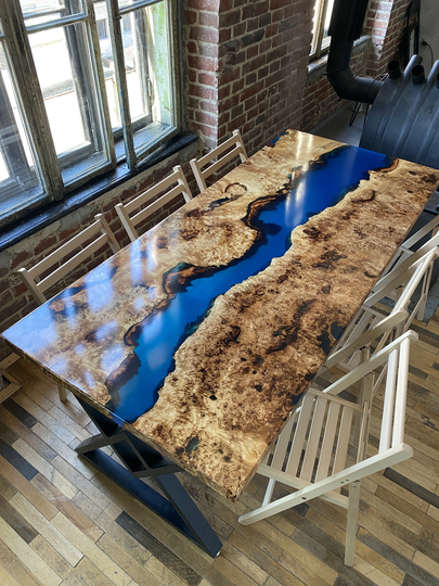 Custom River Table Epoxy Resin, Large Din For Kitchen, Black Live Edge Resin Table, Wood Dining