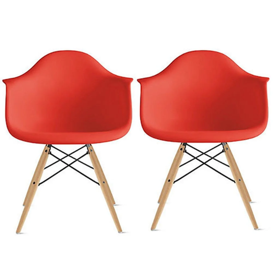 Set of 2 Plastic Accent Modern Designer Dining Chair With Arms Molded Shell Desk Natural Wooden Legs Kitchen Patio