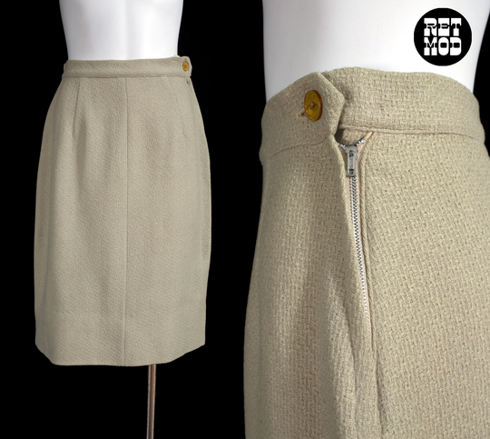 Simple Chic Vintage 60S Khaki Colored Woven Pencil Skirt