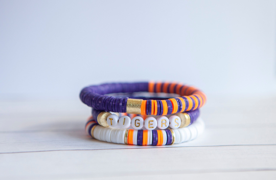 Clemson University Bracelet Stack | 8mm Choose 1 Or 3 Bracelets Orange & Purple Jewelry College Fan Tigers Gift For Grad