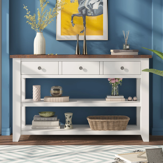 48'' Solid Pine Wood Sideboard Cabinet Side End Table Sofa Table Console Table with 3 Drawers & 2 Shelves, White