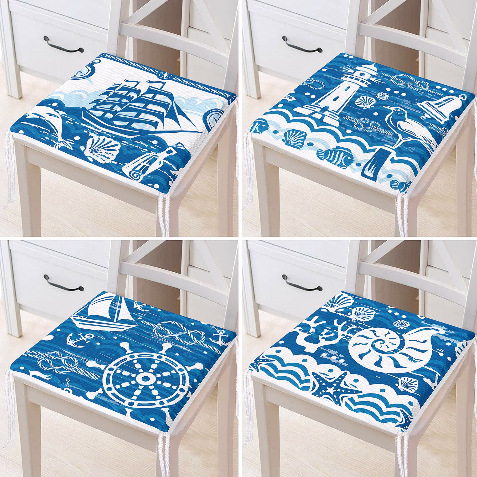 Set Of 4 Nautical Chair Cushion|Blue White Sailing Ship Wheel Lighthouse Seashell Seat Pad With Zip & Ties|Soft Beach House