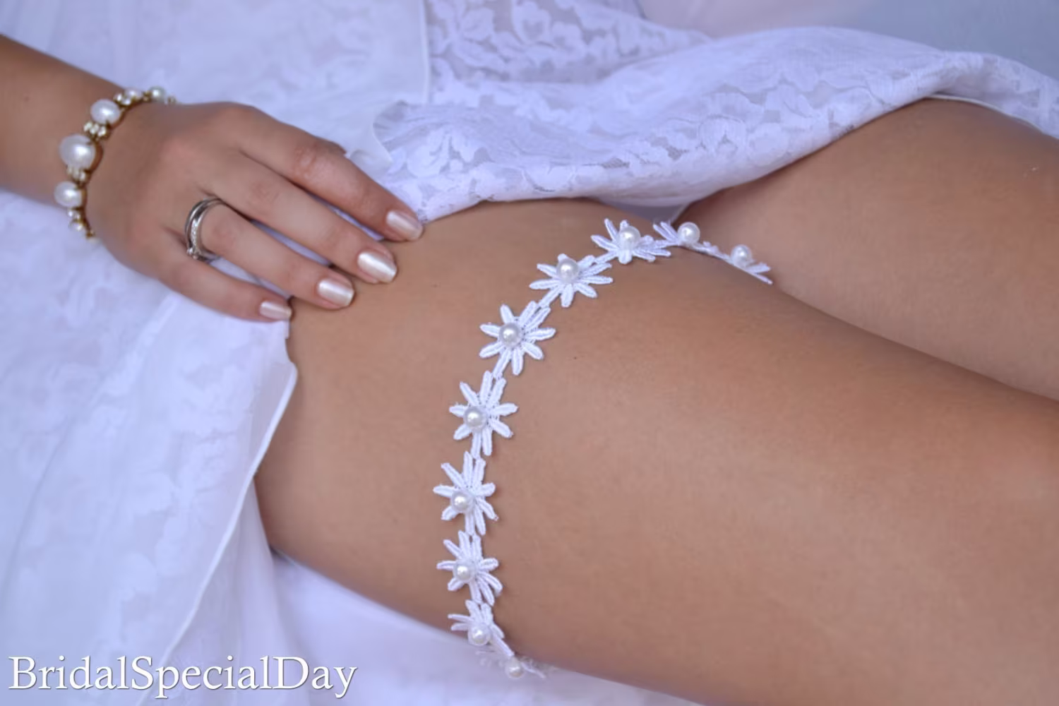 Bridal Garter Set Belt Flower Lace Appliques & Pearls