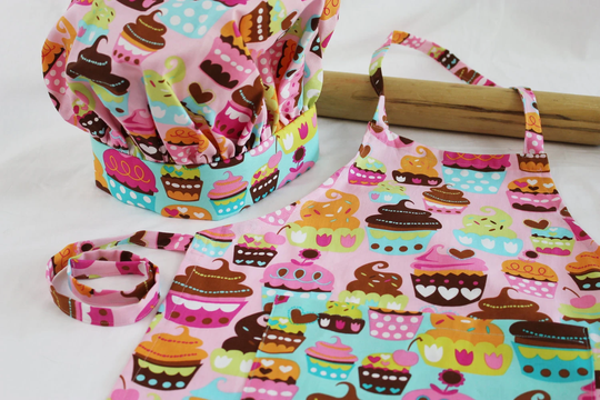 Sweet Cupcakes Child Apron & Adjustable Chef Hat - Pink With Teal Pocket Ready To Ship