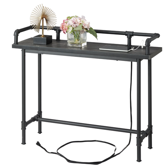 Mid Century Console Table with Power Outlet, Narrow Sofa Table, Sofa Couch Table with Charging Station USB Port