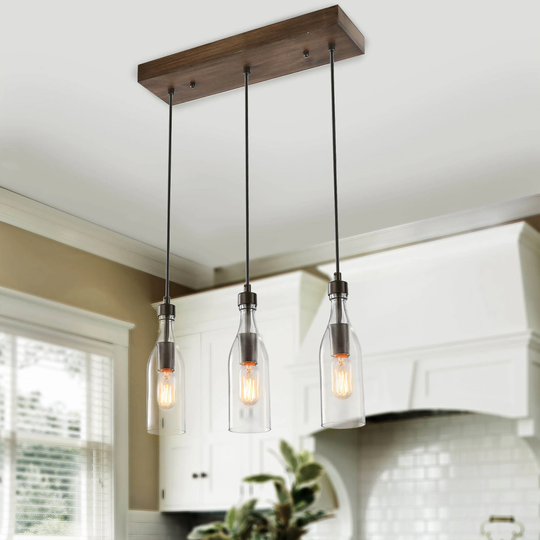 Modern Farmhouse 3-Light Wood Chandelier Linear Island Light for Dining Room