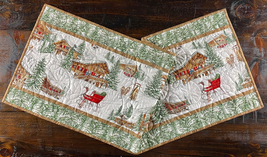 Quilted Winter 16 X 41 Table Runner | Ski Lodge Scene Fabric Rustic Runner| Holiday Topper