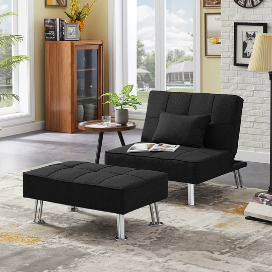 Modern Fabric Single Sofa Bed with Ottoman, Convertible Folding Futon Sofa Chair, Lounge Chair Set with Metal Legs