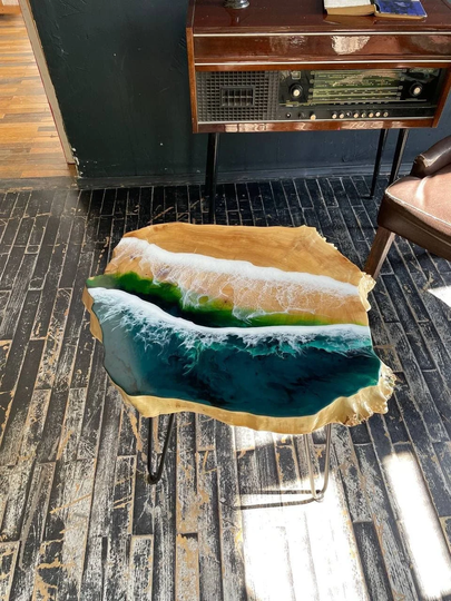 Live Edge Resin Coffee Table, Wood Handmade Beach Ocean Epoxy Wave Unique Side Table