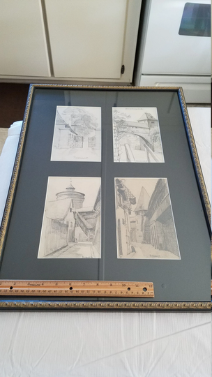 4 Vintage Signed Ruckdeschel Art Pencil Charcoal Drawings Munich Bavaria Germany Village Scenes - Picture Photo Portraits Landscape Deco