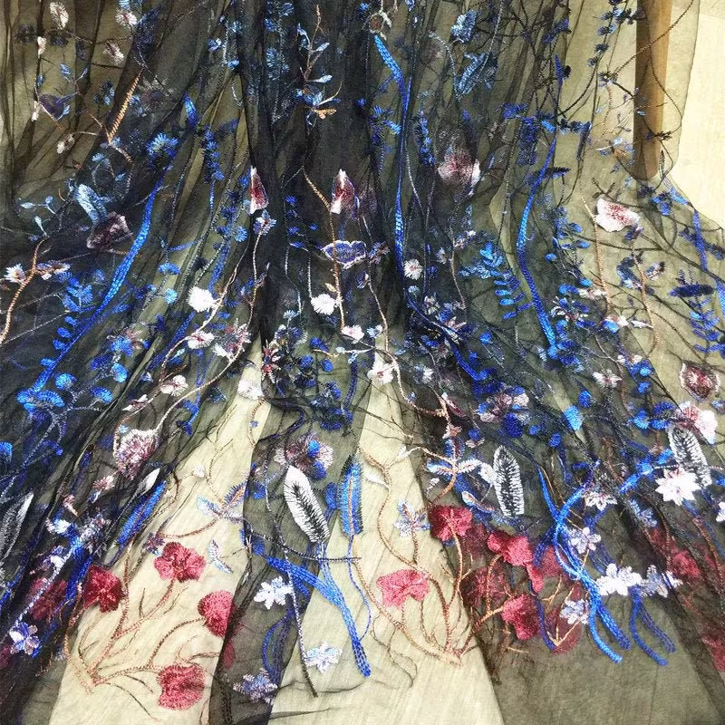 Gorgeous Multi-Colors Embroidery Black Tulle Lace Fabric, Royal Blue Floral Fabric For Bride Mother Dress, Graduation Gown, Party
