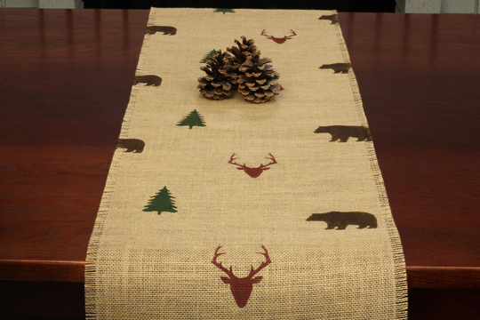 Cabin Burlap Table Runner, Deer, Tree & Bear Nature Summer Decor