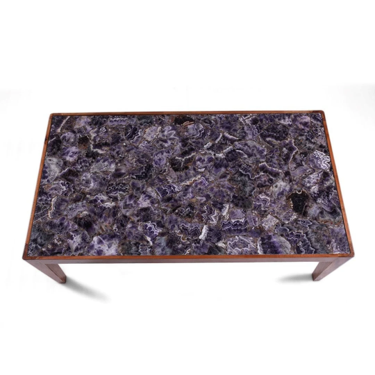 Amethyst Coffee Table, Inlay Gem Stone Table With Wooden Base, Slab