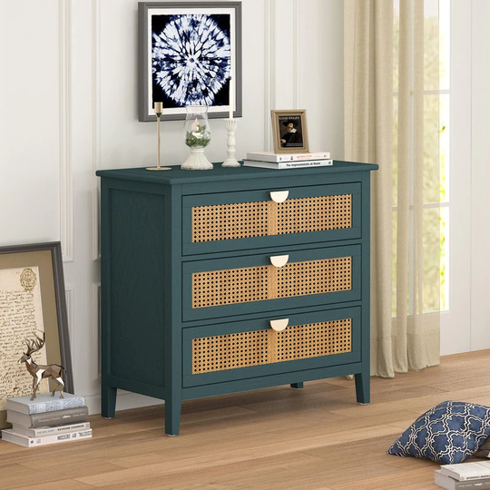 3-Drawer Storage Rattan Wood Cabinet Chest