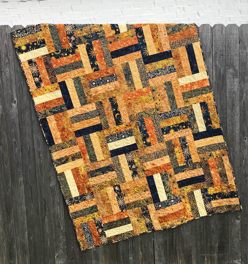 Batik Quilt in Fall Colors, Gold & Dark Blue Quilt, Masculine Colors Lap Handmade Throw 48" X 53"